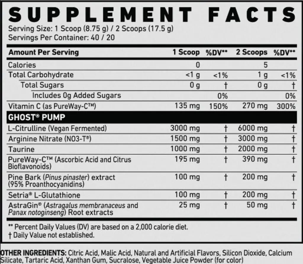 PRE ENTRENO GHOST PUMP NITRIC OXIDE 40 SERV