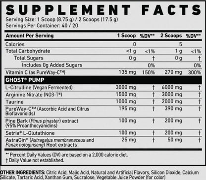 PRE ENTRENO GHOST PUMP NITRIC OXIDE 40 SERV
