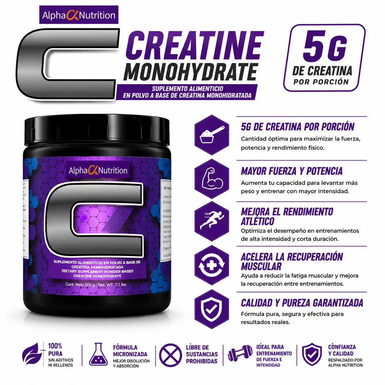 ALPHA NUTRITION CREATINE | Creatina Monohidratada (500G)